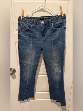 Seven7 Women's Blue Flare Crop Jeans with Raw Hem